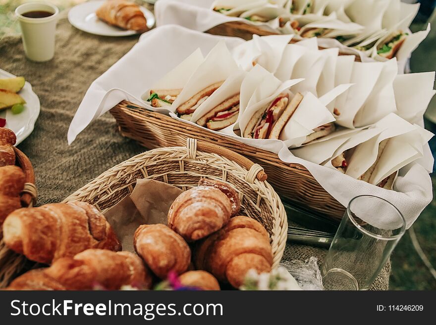 Fast food for guests outside on working presentation, party. Fast food for guests outside on working presentation, party