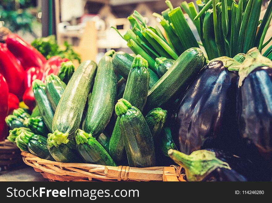 Close Up Of Fresh Organic Vegetables In Local Farmer Market. Pure, Organic And Vitamin Vegetables For Spring Detox.