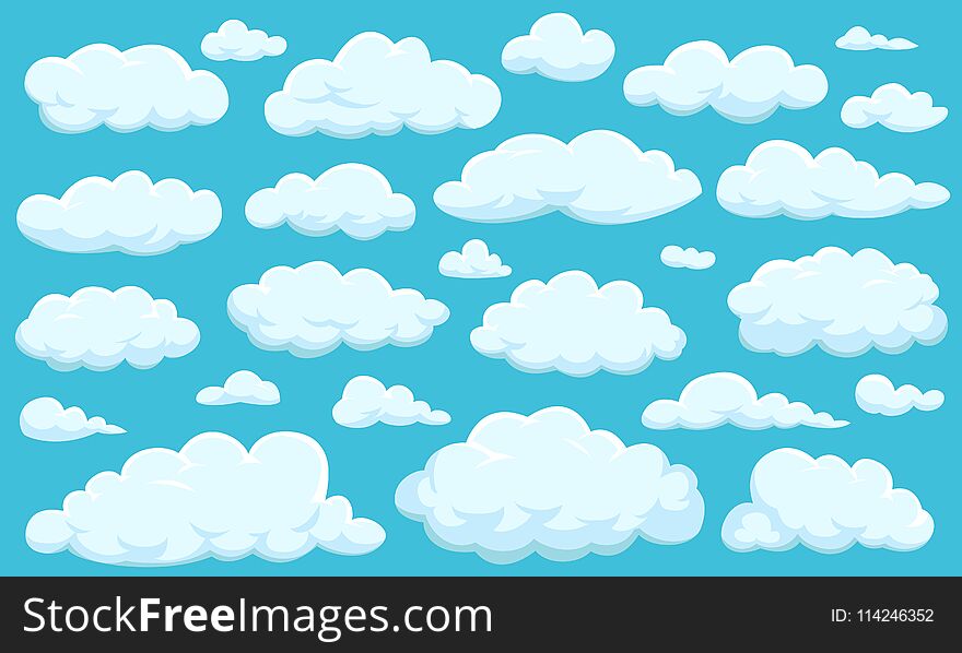 Set of clouds of different shapes in the sky for your web site design, UI, app. Meteorology and atmosphere in space.