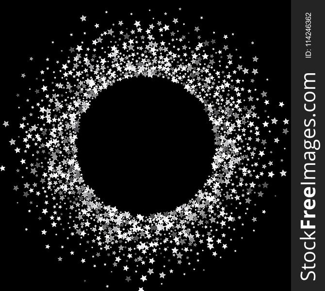 Round silver frame or border of random scatter platinum stars on black background. Design element for festive banner, birthday and greeting card, postcard, wedding invitation. Vector illustration. Round silver frame or border of random scatter platinum stars on black background. Design element for festive banner, birthday and greeting card, postcard, wedding invitation. Vector illustration.