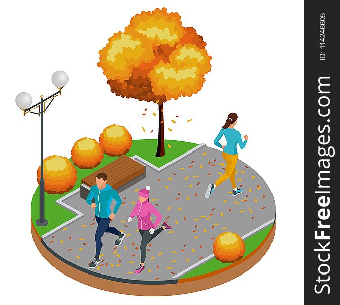 Isometric young woman and man runners running on a city park. Sportive people training in an urban area, healthy lifestyle and sports concepts. Autumn. Vector illustration