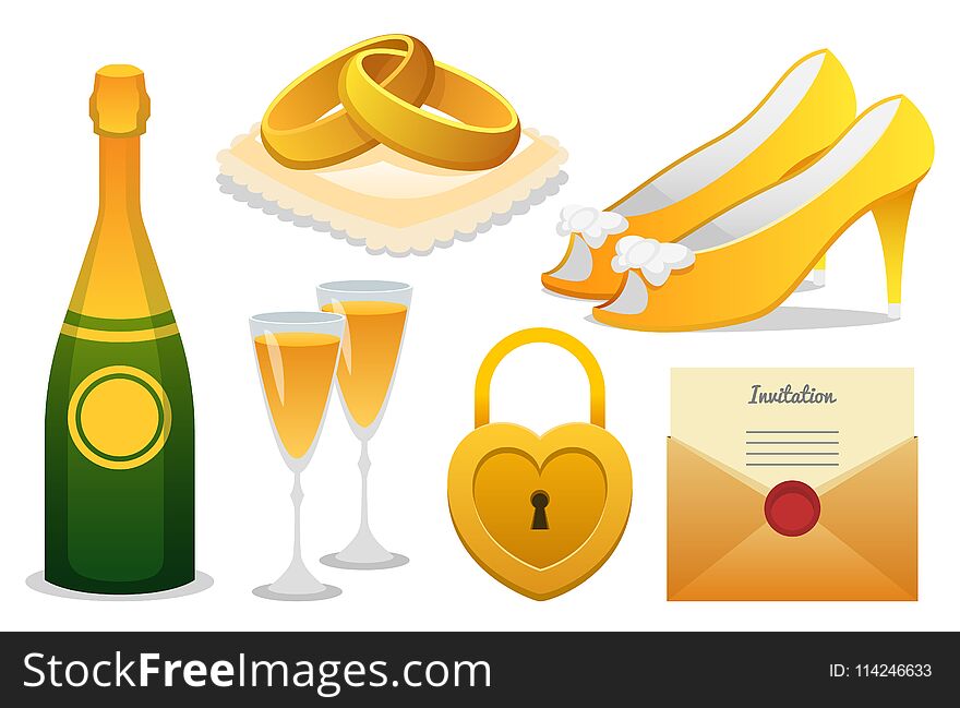 Elements for Wedding ceremony Set. Newlyweds icons. Vintage rustic rings for married couple, shoes and champagne, wreath and letter for Bride And Groom. Vector illustration