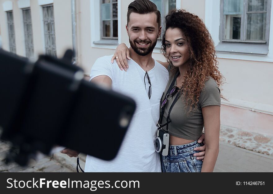 Happy Traveling Couple Making Selfie, Romantic Mood.