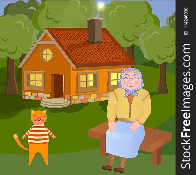 Vector iluustration: grandmother and her cat sitting on the bench on the countryside. Vector iluustration: grandmother and her cat sitting on the bench on the countryside