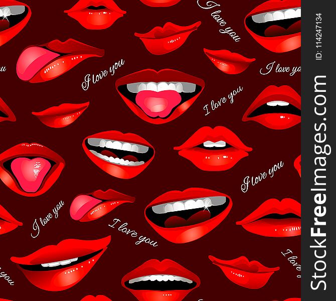 Beauty modern realistic seamless pattern with different lips isolated on dark