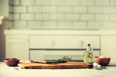 Food Cooking Ingredients On White Kitchen Design Interior Background With Rustic Wooden Chopping Board In Center, Copy Royalty Free Stock Photos