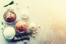 Mix Of Different Salt Types On Grey Concrete Background. Sea Salts, Black And Pink Himalayan Salt Crystals, Powder Stock Photography Mix Of Different Salt Types On Grey Concrete Background. Sea Salts, Black And Pink Himalayan Salt Crystals, Powder Stock Photography