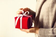 Female Hands Opening Red Gift Box, Copy Space. Christmas, New Year, Birthday Party, Valentine`s Day, Mother`s And Woman Royalty Free Stock Photos