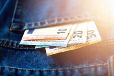 Euro Banknotes In Jeans Pocket. Success, Wealth And Poverty, Poorness Concept. Euro Currency Background With Copy Space. Stock Photography