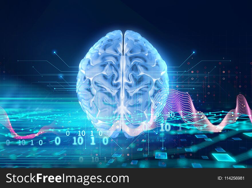 3d Rendering Of Human Brain On Technology Background