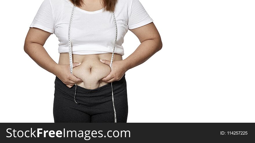 Asian woman with fat holds belly. Obesity concept. Asian woman with fat holds belly. Obesity concept