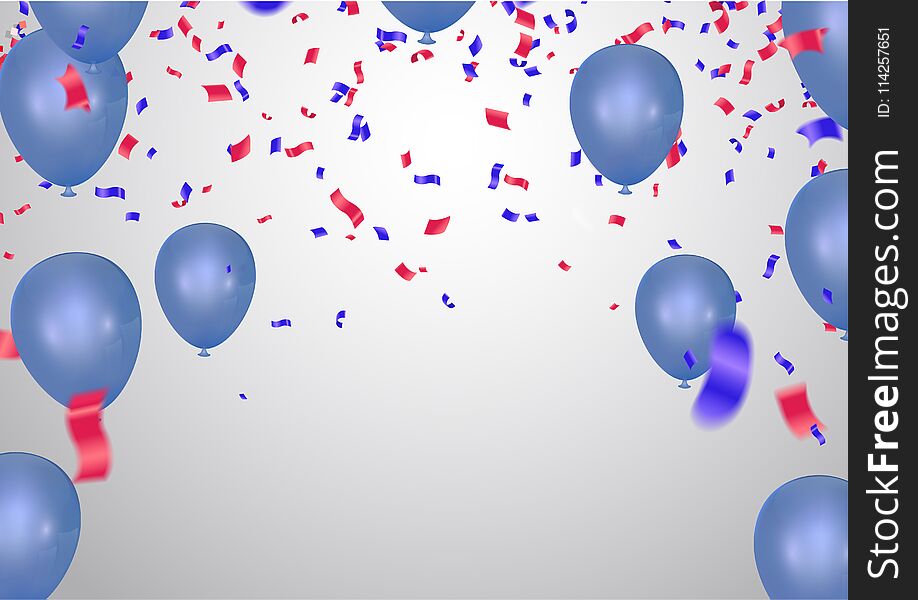 Celebration background template with confetti and ribbons red and blue