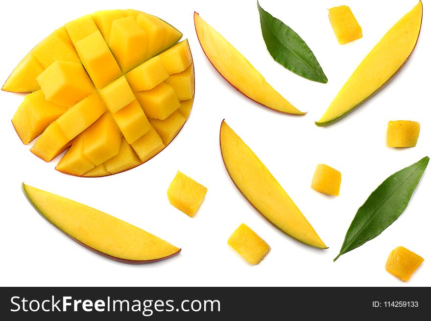 Mango slice with green leaves isolated on white background. top view