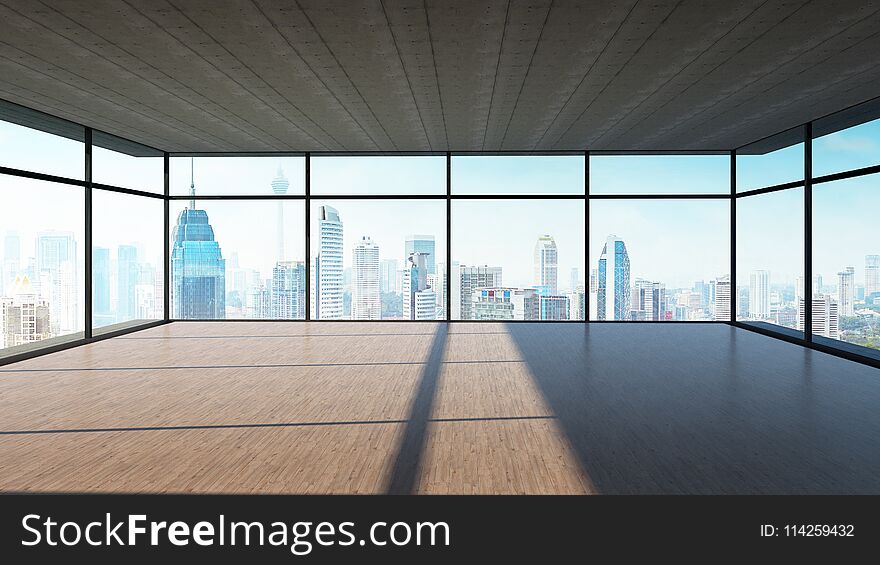Perspective view of empty wood floor and cement ceiling interior with city skyline view