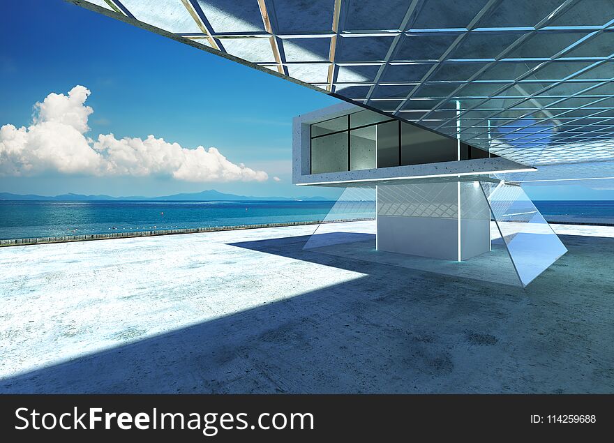 Closeup and perspective view of empty cement floor with modern steel and glass building exterior . 3D rendering and real images mixed media . Closeup and perspective view of empty cement floor with modern steel and glass building exterior . 3D rendering and real images mixed media .