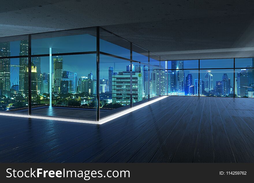 Perspective view of empty wood floor and cement ceiling interior with city skyline view . Mixed media .