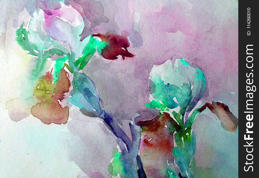 Watercolor Art Background Abstract Beautiful Floral Iris Flower Lilac Romantic Surface Colorful Textured Wet Wash Blurred