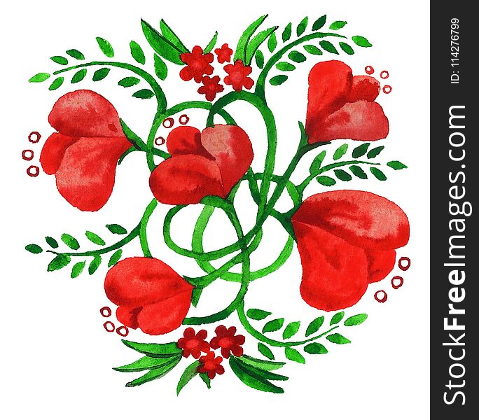 Watercolor image of decorative bouquet with decorative red flowers. Good design element for greeting card, invitation, etc