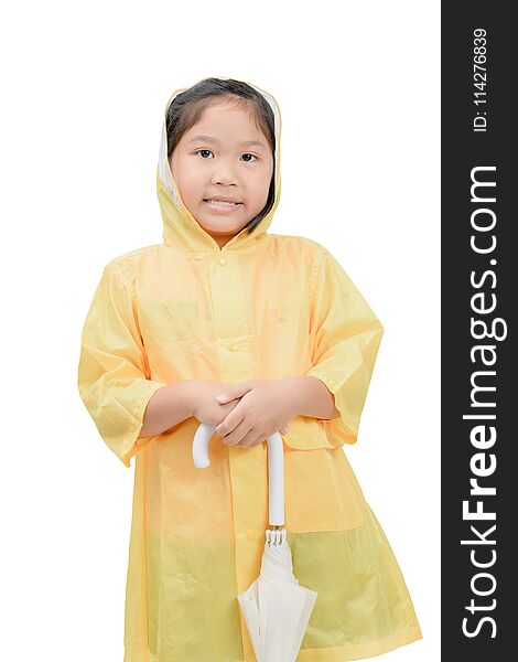 Happy girl is wearing yellow raincoat
