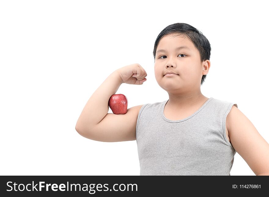 Handsome obese fat boy show muscle with apple isolated on white background, diet and healthy concept