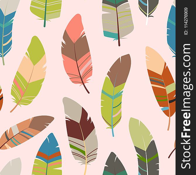Seamless Feathers Pattern. Scandinavian Colorful Design Background