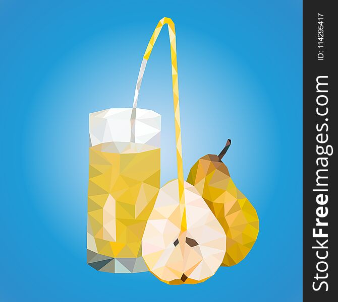 Illustration of polygonal triangles ripe pears and a glass with juice and a tube from which juice flows into a glass on a blue bac