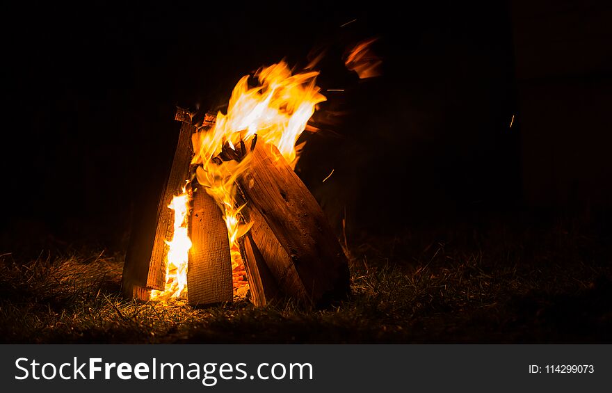 Burning fire, campfire on dark autumn night warmth. Burning fire, campfire on dark autumn night warmth