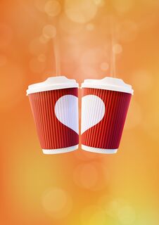 Coffee Love Poster Template. Two Red Ripple Cups With A White Heart On An Orange Background Stock Photography