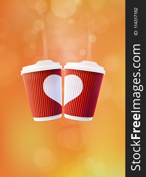 Coffee Love Poster Template. Two Red Ripple Cups with a White Heart on an Orange Background