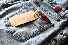 Denim Blue Jeans With Brown Price Tag Stock Images