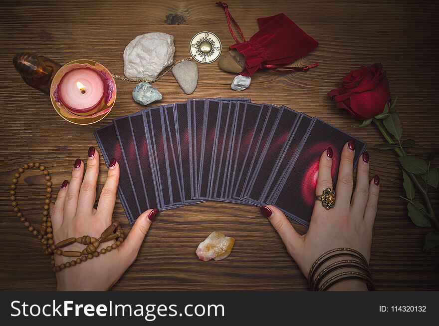 Tarot cards and future reading concept. Fortune teller desk table. Tarot cards and future reading concept. Fortune teller desk table.