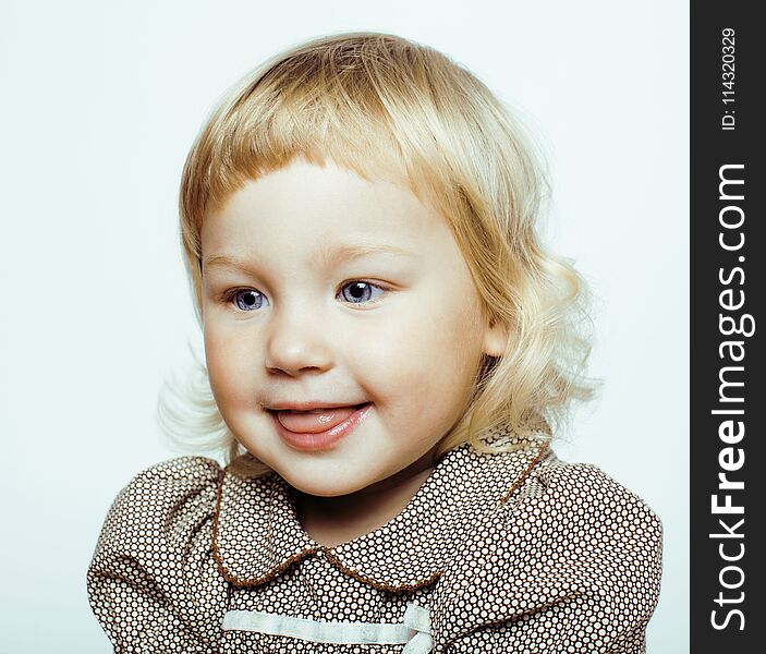 Little Cute Blonde Girl Isolated On White Background Happy Smili