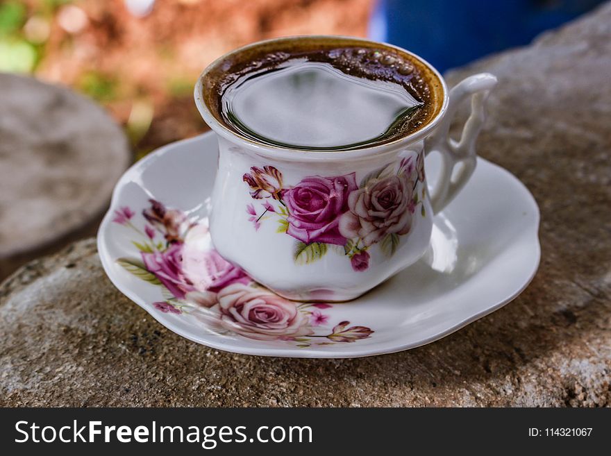 White And Pink Ceramic Floral Teacup With Saucer