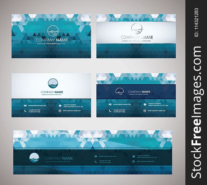 Wave icon and the geometric abstract business cards and background