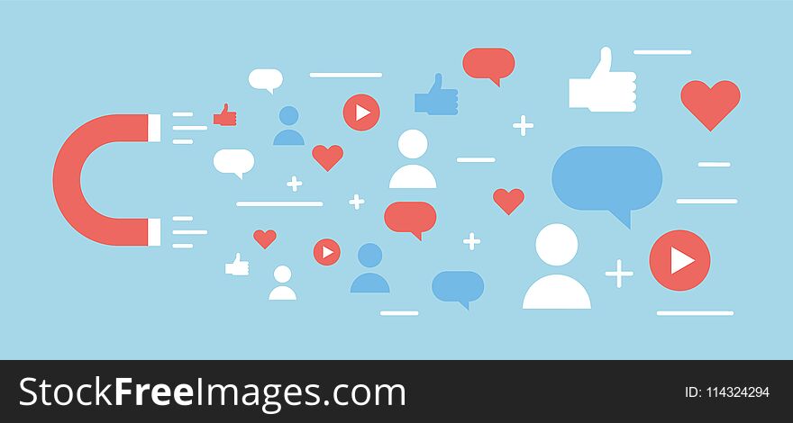 Online digital media magnet and influencer. Vector background illustration concept for popularity, likes, comments, followers.