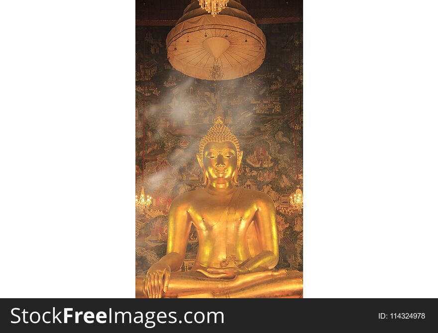 Local And traditional golden buddha Culture and faith of buddhism in Thailand. Incense smoke. Local And traditional golden buddha Culture and faith of buddhism in Thailand. Incense smoke