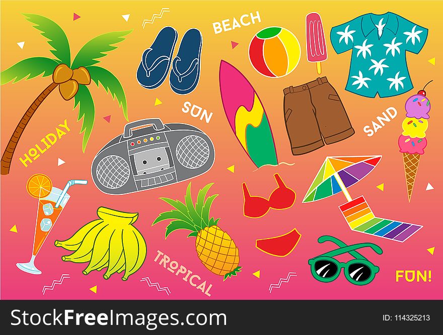 Traveling to Tropical Beach Vector Illustration for many purpose such as print on canvas, bag, textile, clothes, pencil case, pillow case, poster, laptop case, note book cover, etc. This illustration mood are happy expression, enjoying holiday and the good time, 1990`s art and design style.