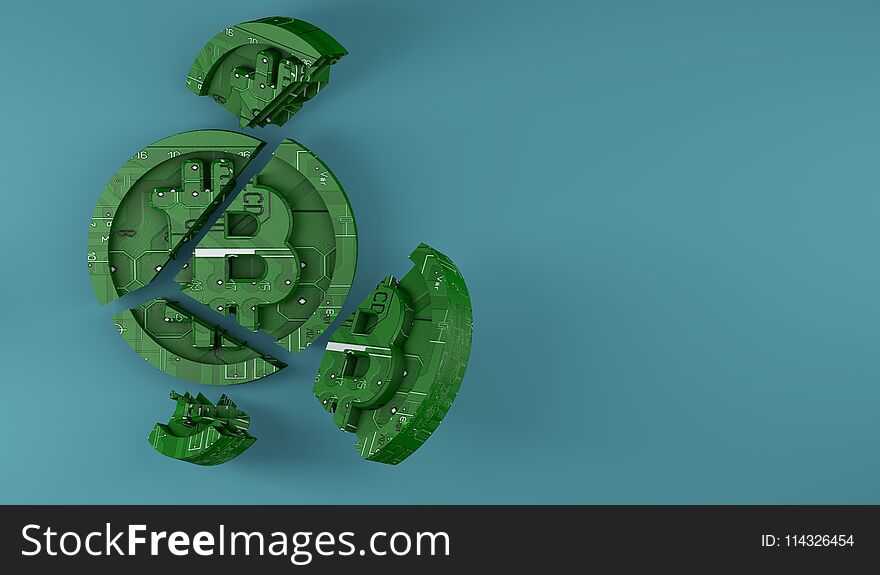 Bitcoin consisting of microcircuits is broken in half. The fall and collapse of the course of the crypto currency. 3d render. Dark blue background. Bitcoin consisting of microcircuits is broken in half. The fall and collapse of the course of the crypto currency. 3d render. Dark blue background.