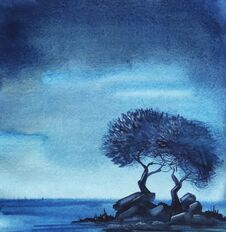 A Couple Of Deciduous Trees On A Tiny Stony Island In The Night Royalty Free Stock Image A Couple Of Deciduous Trees On A Tiny Stony Island In The Night Royalty Free Stock Image