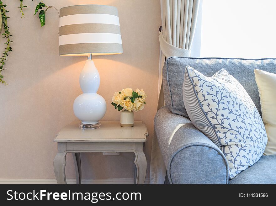 Close up interior picture of living room with modern lamp side s