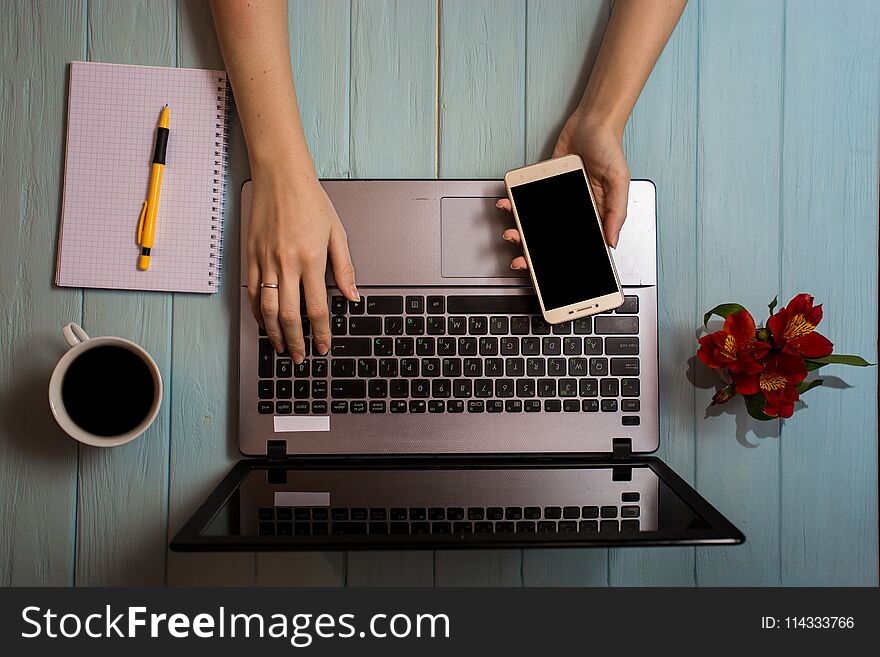 Young business woman working on laptop computer while sitting in cafe bar