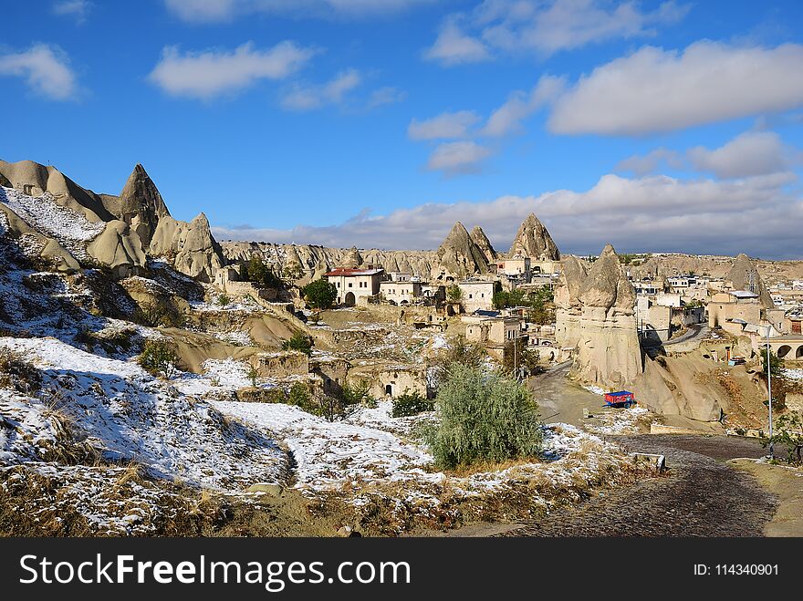 Goreme after snowfall, district of Nevsehir Province in the Central Anatolia Region of Turkey, Asia. Goreme after snowfall, district of Nevsehir Province in the Central Anatolia Region of Turkey, Asia