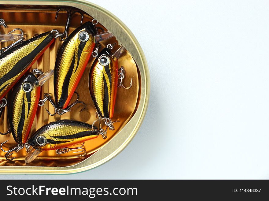 Fish lures in open tin can look like sprats. Top view.