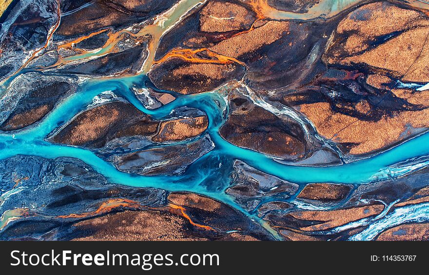 Aerial view and top view river in Iceland. Beautiful natural backdrop.