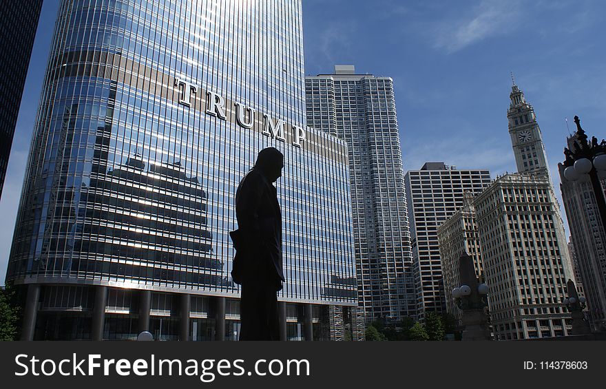 Silhouette of Statue Near Trump Building at Daytime