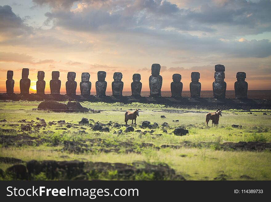 Moais at Ahu Tongariki Easter island, Chile