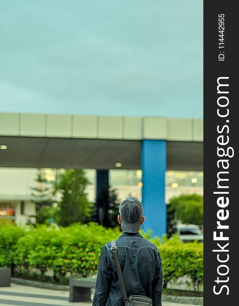 Person Wearing Blue Denim Jacket and Black Fitted Cap Near Green Leaf Bushes