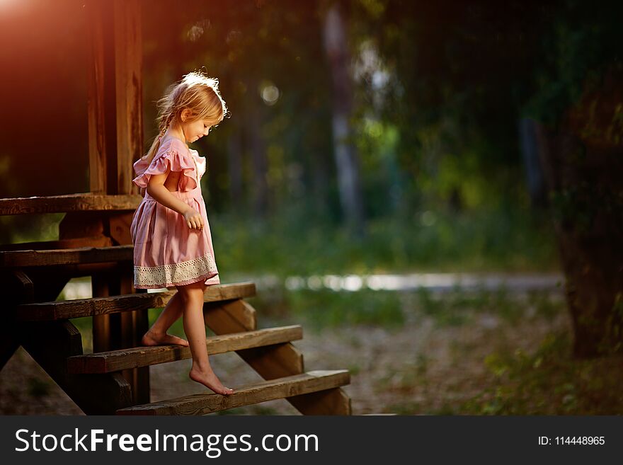 Little girl in a pink dress on a wooden bridge, in the forest