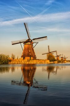 Windmills At Kinderdijk, Colorful Picturesque Landscape, Netherland, Vertical Royalty Free Stock Images
