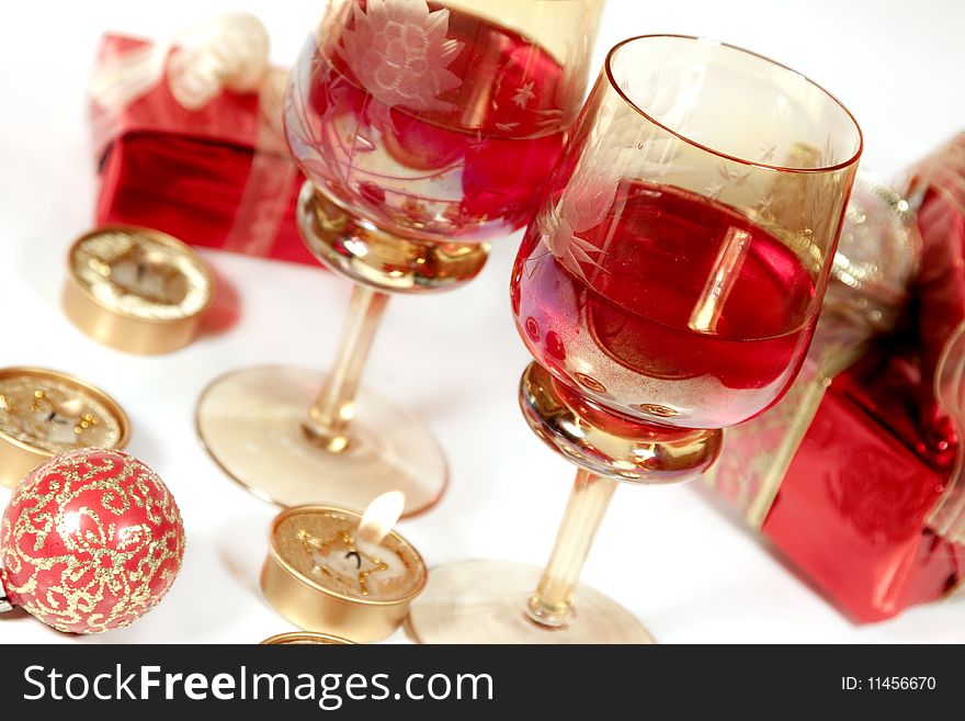 Red wine, Christmas ball and red gifts